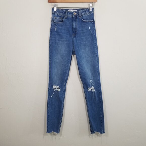 Zara High Rise Skinny Distressed Jeans Blue Size 2 - Picture 1 of 6